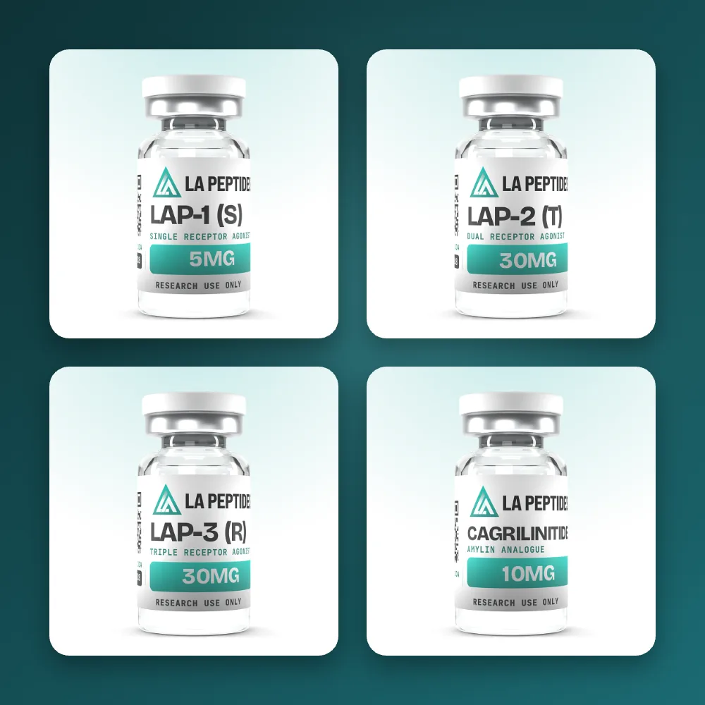 LA Peptides GLP-1 research peptides: LAP-1, LAP-2, LAP-3 retatrutide and cagrilintide vials