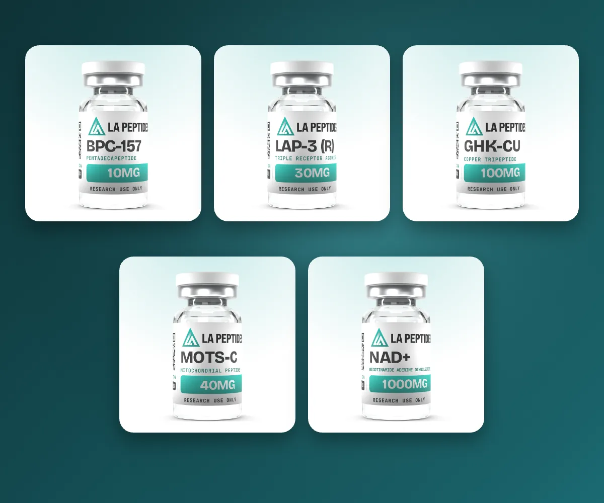 LA Peptides research peptides for sale: BPC-157, LAP-3, GHK-Cu, MOTS-C and NAD+ vials